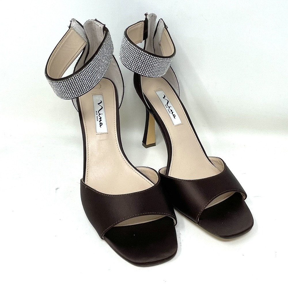 Nina New York Womens Brown Dezzie Pearl‎ Rose Stiletto Heeled Sandal 8.5M